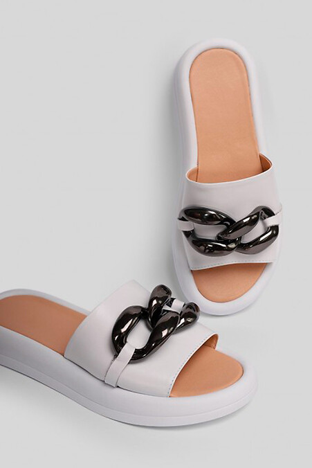 Damen-Slides aus weißem Leder mit Kette - #4206011