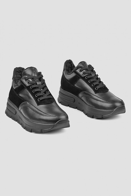 Black leather women's winter sneakers. Sneakers. Color: black. #4206021