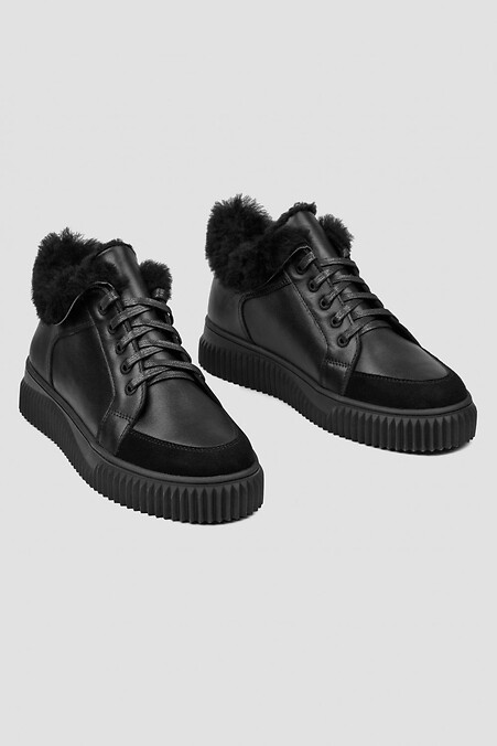 Stylowe zimowe sneakersy damskie wykonane z czarnej skóry naturalnej. trampki. Kolor: czarny. #4206025