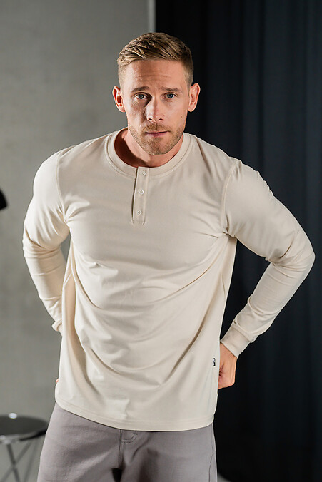 Dzianinowy longsleeve z paskiem na guziki Long Casual Sand - #8034038