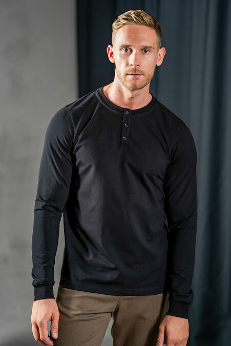 Мужской трикотажный лонгслив с планкой на пуговицах Long Casual Черный - #8034039