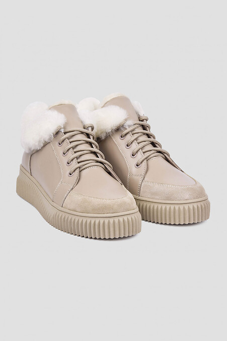 Beżowe zimowe sneakersy damskie wykonane ze skóry naturalnej. trampki. Kolor: beżowy. #4206047