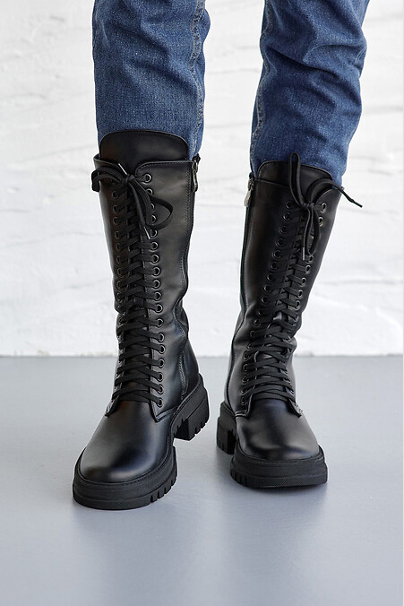 Damskie skórzane buty zimowe w kolorze czarnym. Buty. Kolor: czarny. #8019073