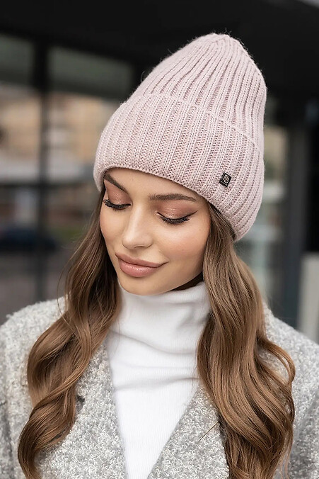 Knitted women's hat on microfleece Olesya powder color - #4051082