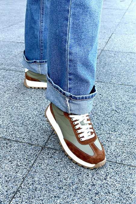 Damskie trampki ze skóry oliwkowej i zamszu - #4207083