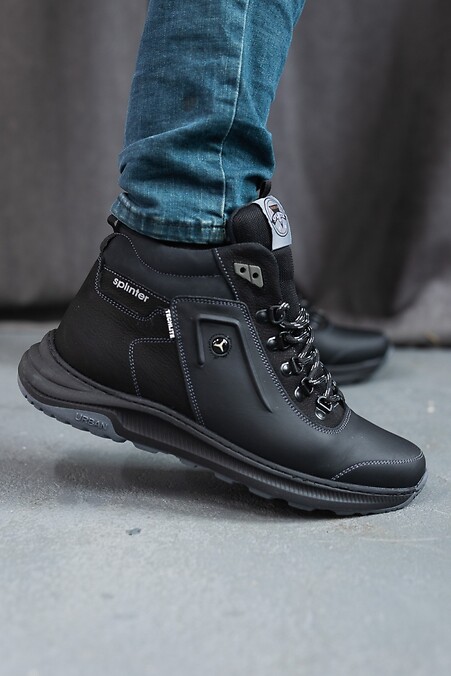 Men's leather winter sneakers black - #8019099