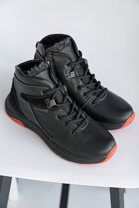 Skórzane, młodzieżowe buty zimowe w kolorze czarnym - #8019101