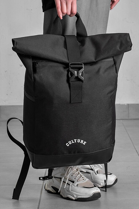 Damen-Schulrucksack mit Rolltop-Aufdruck, ohne Kultur-Print, Schwarz - #8055107