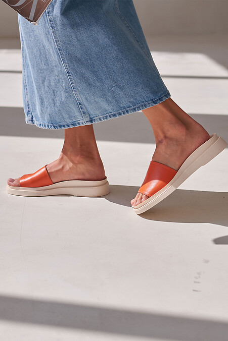 Orange leather flip flops for women - #4206113