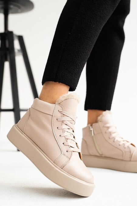 Женские ботинки кожаные зимние бежевые. Кеды. Цвет: бежевый. #8019121