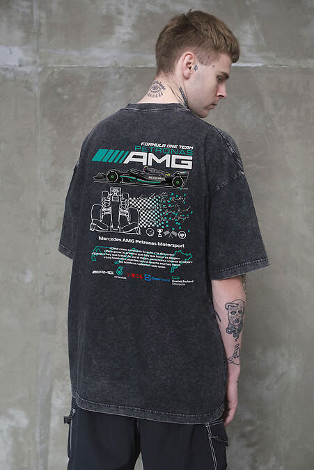 Чоловіча Виварена Оверсайз Футболка Washed З Принтом AMG Black - #8056128