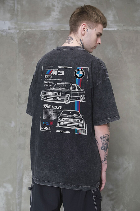 Чоловіча Виварена Оверсайз Футболка Washed З Принтом BMW Black - #8056130