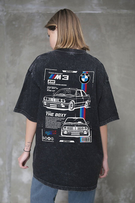 Женская Вываренная Оверсайз Футболка Washed С Принтом BMW Black - #8056131