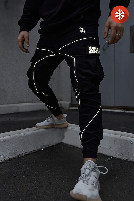 Теплые брюки карго мужские Xeed черные с рефлективом. Брюки, штаны. Цвет: фиолетовый. #8043132