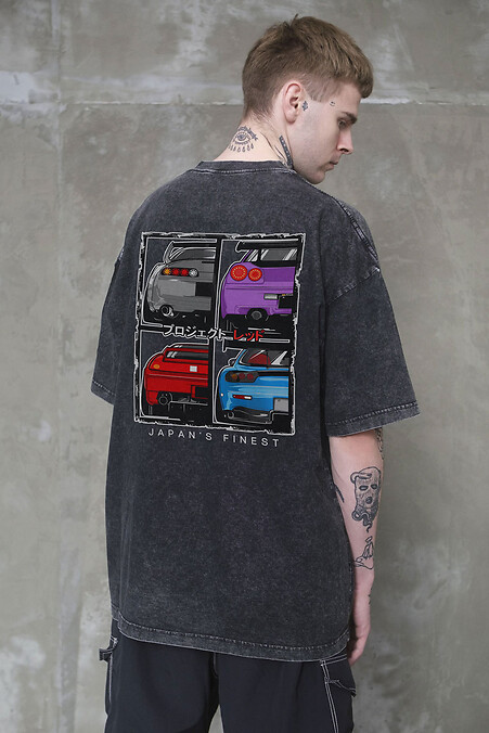 Men's Vivare Oversized Washed T-Shirt with Cars Black Print - #8056132