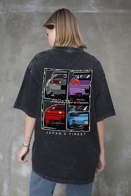 Women's Vivare Oversized Washed T-Shirt with Cars Black Print - #8056133
