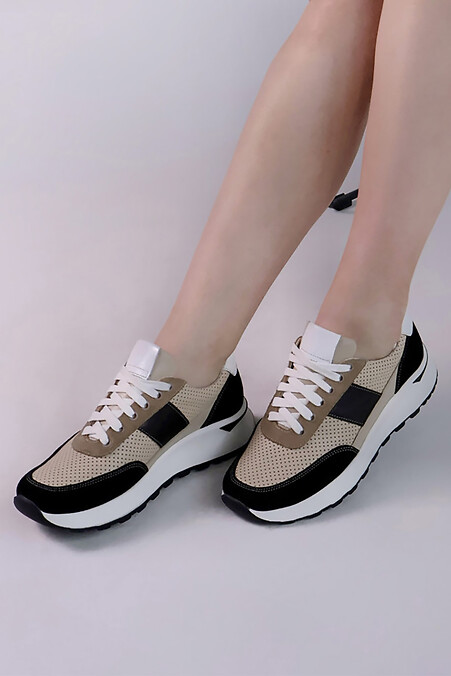 Бежеві шкіряні жіночі кросівки із замшевими вставками - #4206134