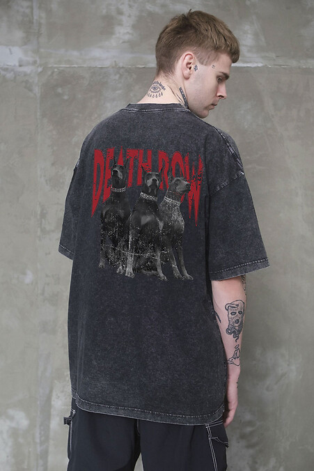 Чоловіча Виварена Оверсайз Футболка Washed З Принтом Deathrow Black - #8056134
