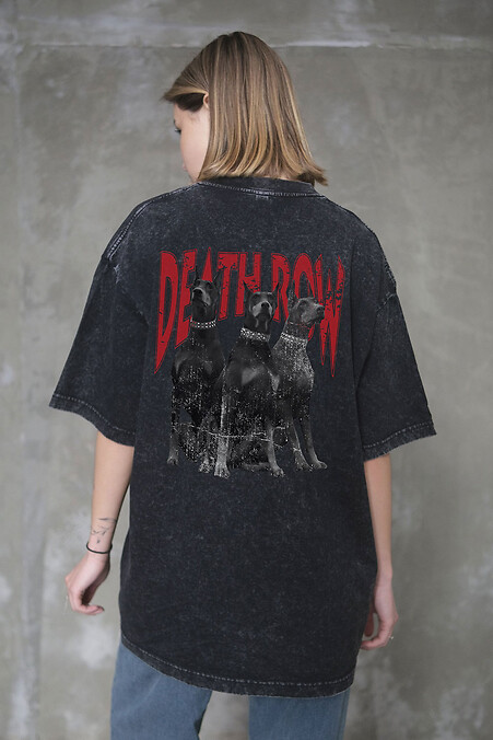 Women's Washed Oversized T-Shirt with Deathrow Black Print - #8056135
