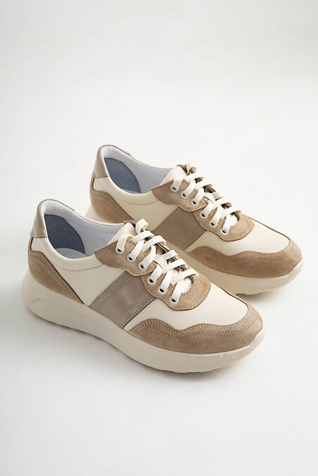 Кросівки жіночі в комбінації шкіри та замші бежевого кольору - #4206136