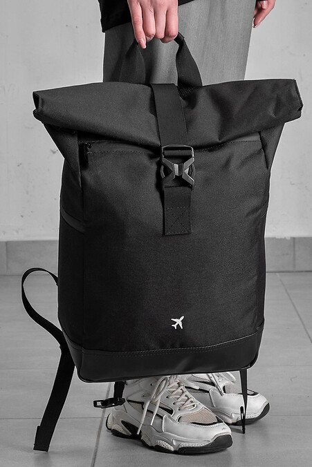 Damen-Schulrucksack mit Rolltop-Print, Plane-Print, Schwarz - #8055137