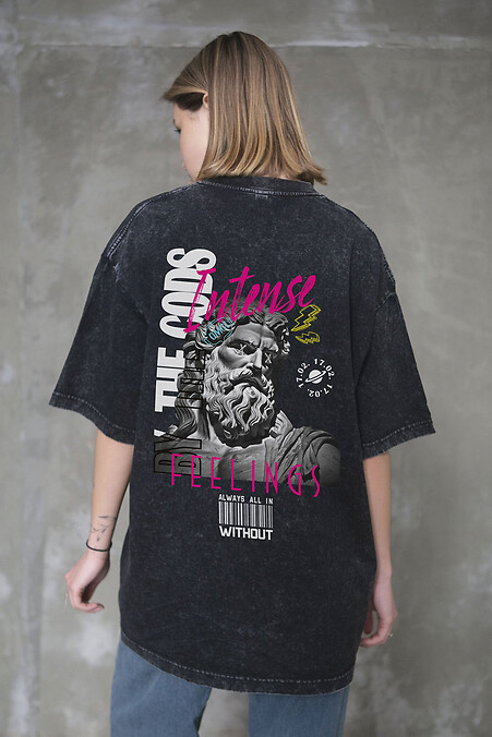 Women's Vivarena Oversized Washed T-Shirt with Feelings Black Print - #8056141