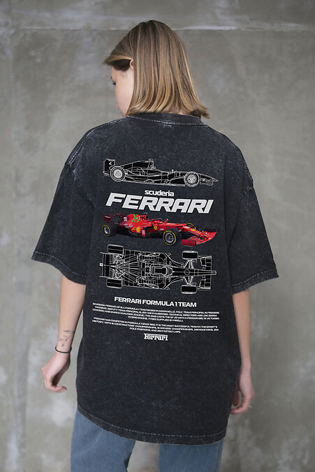 Женская Вываренная Оверсайз Футболка Washed С Принтом Ferrari Black - #8056143