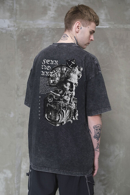 Men's Vivarena Oversized Washed T-Shirt with Greek Black Print - #8056146