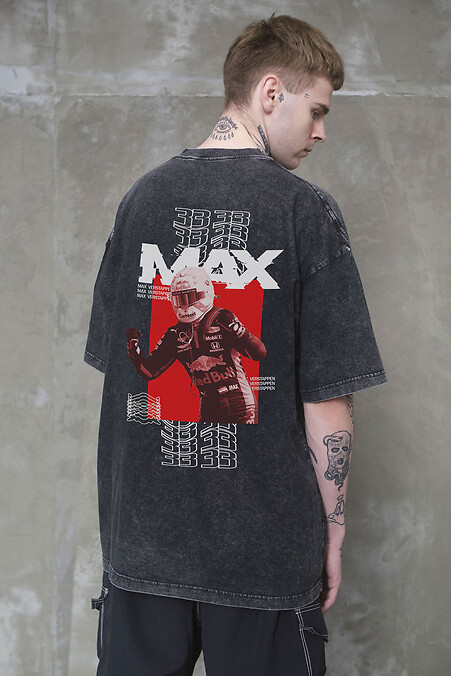 Men's Washed Oversized T-Shirt with Max Black Print - #8056148