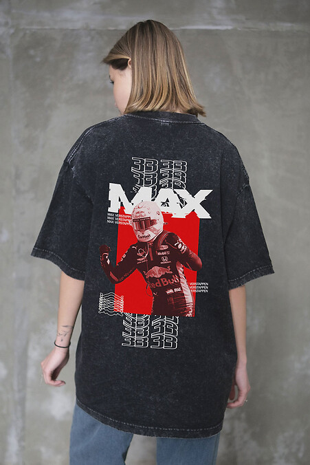 Women's Washed Oversized T-Shirt with Max Black Print - #8056149