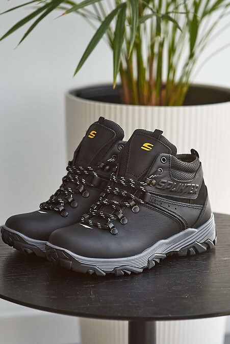 Czarne nastoletnie skórzane buty zimowe. Buty. Kolor: czarny. #8019151