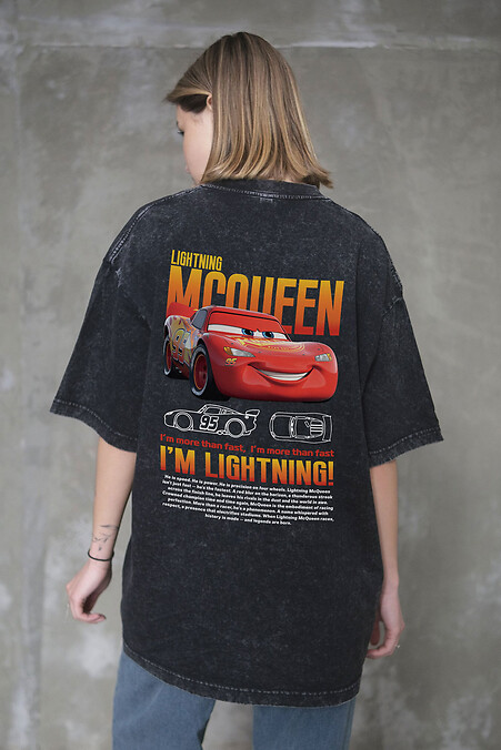 Women's Vivare Oversized Washed T-Shirt with McQueen Black Print - #8056153