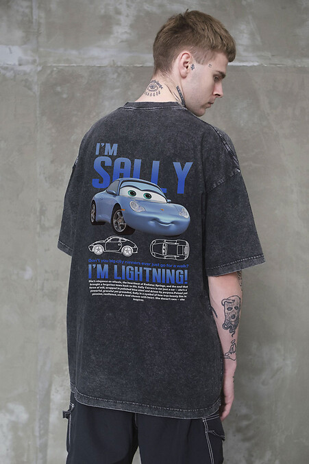 Męski oversize T-shirt Washed z nadrukiem Sally Black - #8056156