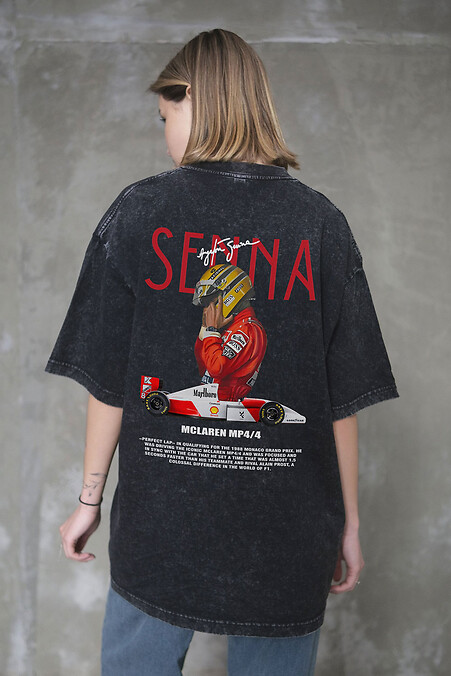 Damski oversize T-shirt Washed z nadrukiem Senna Black - #8056159