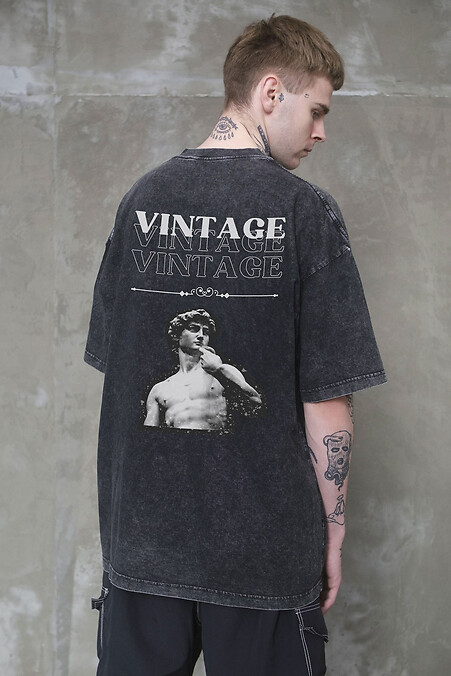 Мужская Вываренная Оверсайз Футболка Washed С Принтом Vintage Black - #8056164