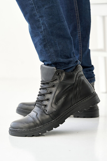 Зимові чоловічі шкіряні черевики чорного кольору - #2505191