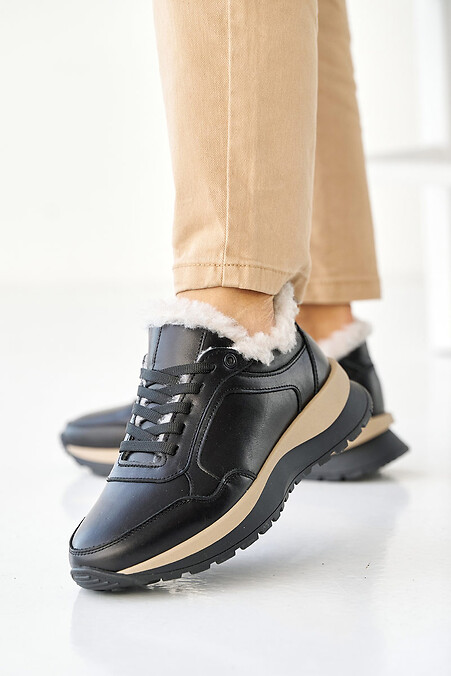 Winter women's leather sneakers are black. Sneakers. Color: black. #2505193