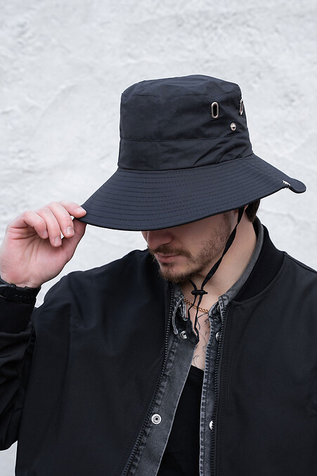 Men's Convertible Panama Hat with Drawstring, Revers Black - #8056197