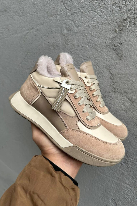 Women's winter leather sneakers with fur, milky.. Sneakers. Color: beige. #2505205
