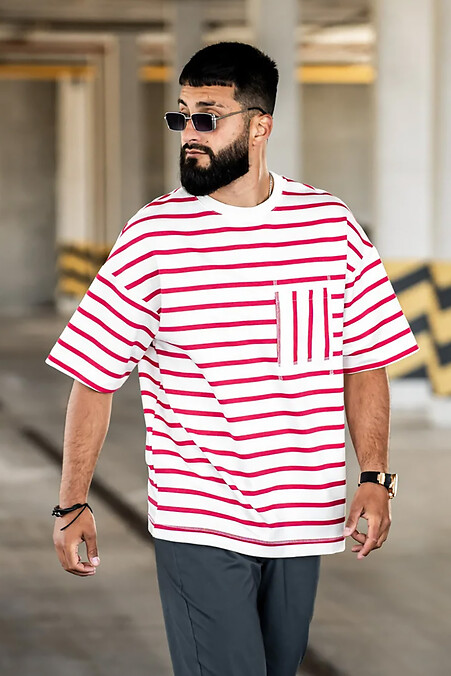 T-shirt męski oversize w paski Morska Czerwono-biała - #8034221