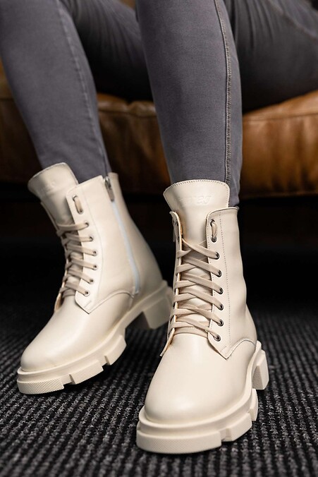 Женские ботинки кожаные зимние молочные - #8019225