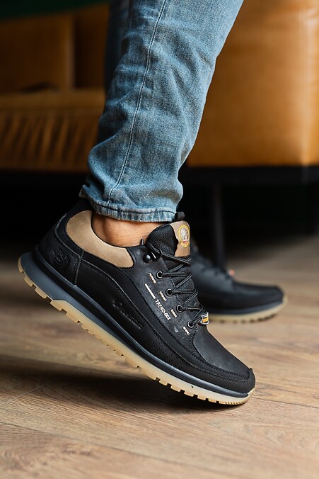 Мужские кроссовки кожаные весенне-осенние черные - #2505238