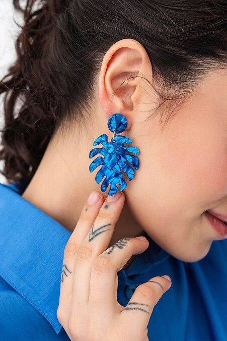 Women's earrings blue hanging leaves transparent - #4515239
