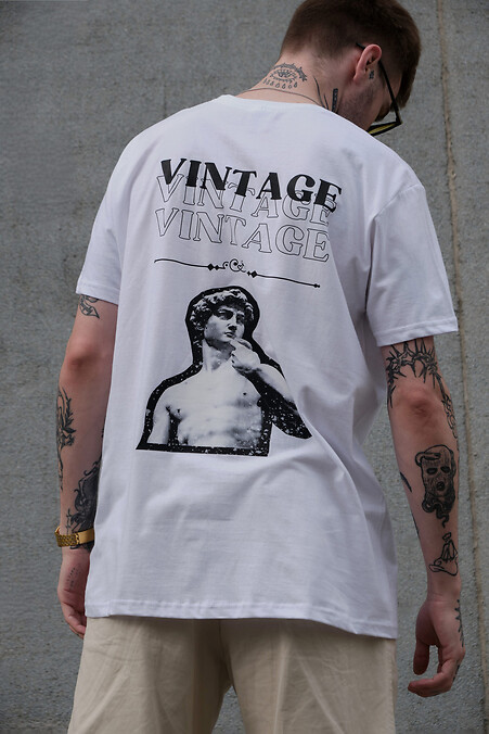 Men's Oversized T-Shirt With Print Without Vintage White - #8049248
