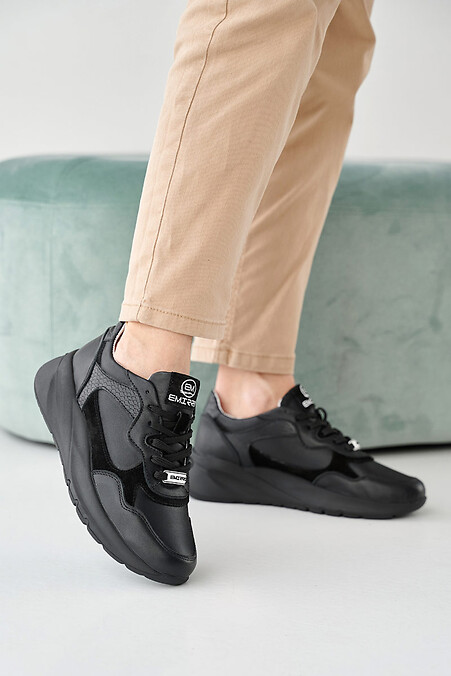 Women's leather sneakers spring-autumn black. Sneakers. Color: black. #2505252