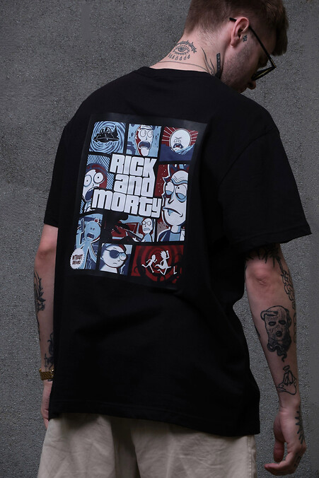 Męski T-shirt oversize z nadrukiem bez Ricka i Morty'ego w kolorze czarnym - #8049262