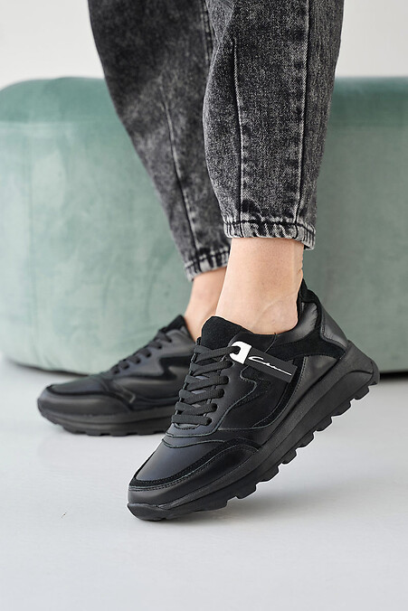 Women's leather sneakers spring-autumn black - #2505266