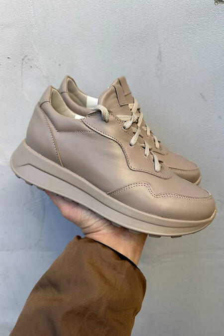 Women's leather sneakers spring-autumn beige - #2505275