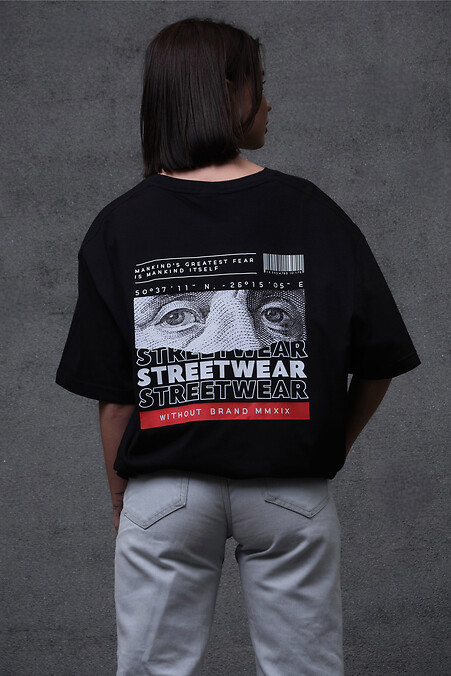 Damska koszulka oversize z nadrukiem bez stylu streetwear w kolorze czarnym - #8049275