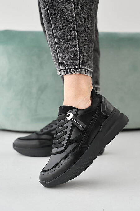 Women's leather sneakers spring-autumn black. Sneakers. Color: black. #2505276